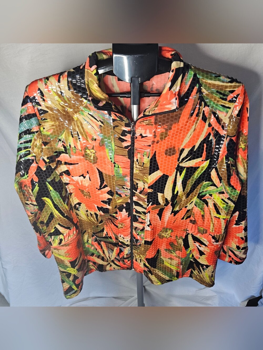 Vintage Toni Morgan Jacket Floral Orange Black  Vtg Multi Zip Front